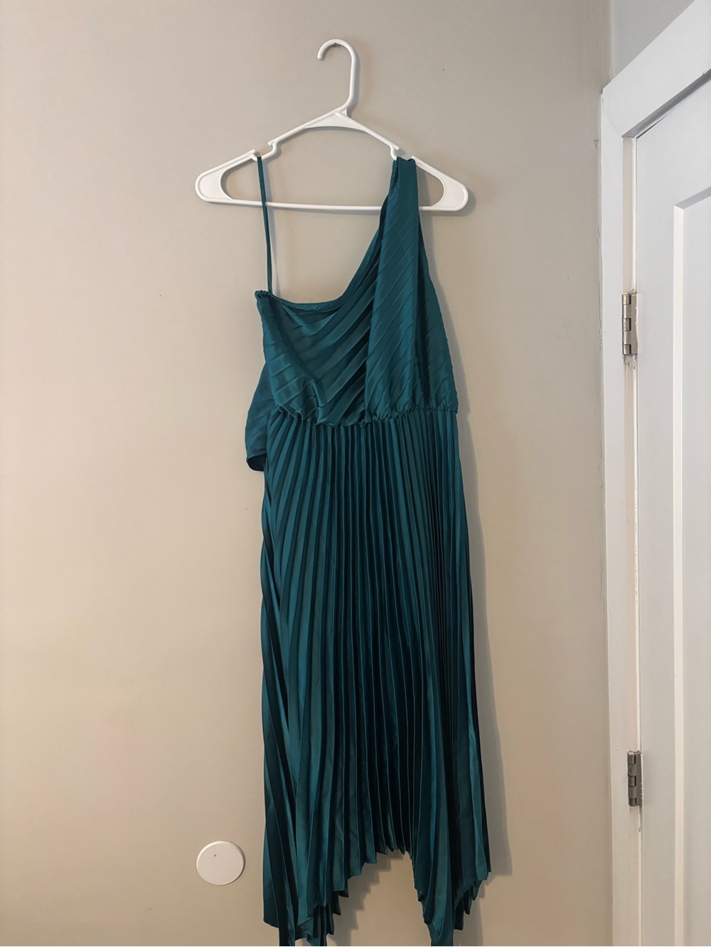 Asymmetric One-Shoulder Teal Pleated Dress